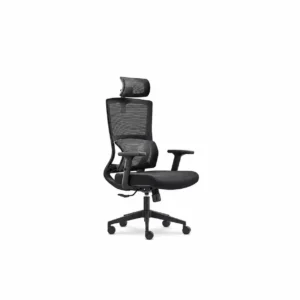 Black ergonomic office chair with headrest, armrests, and wheels