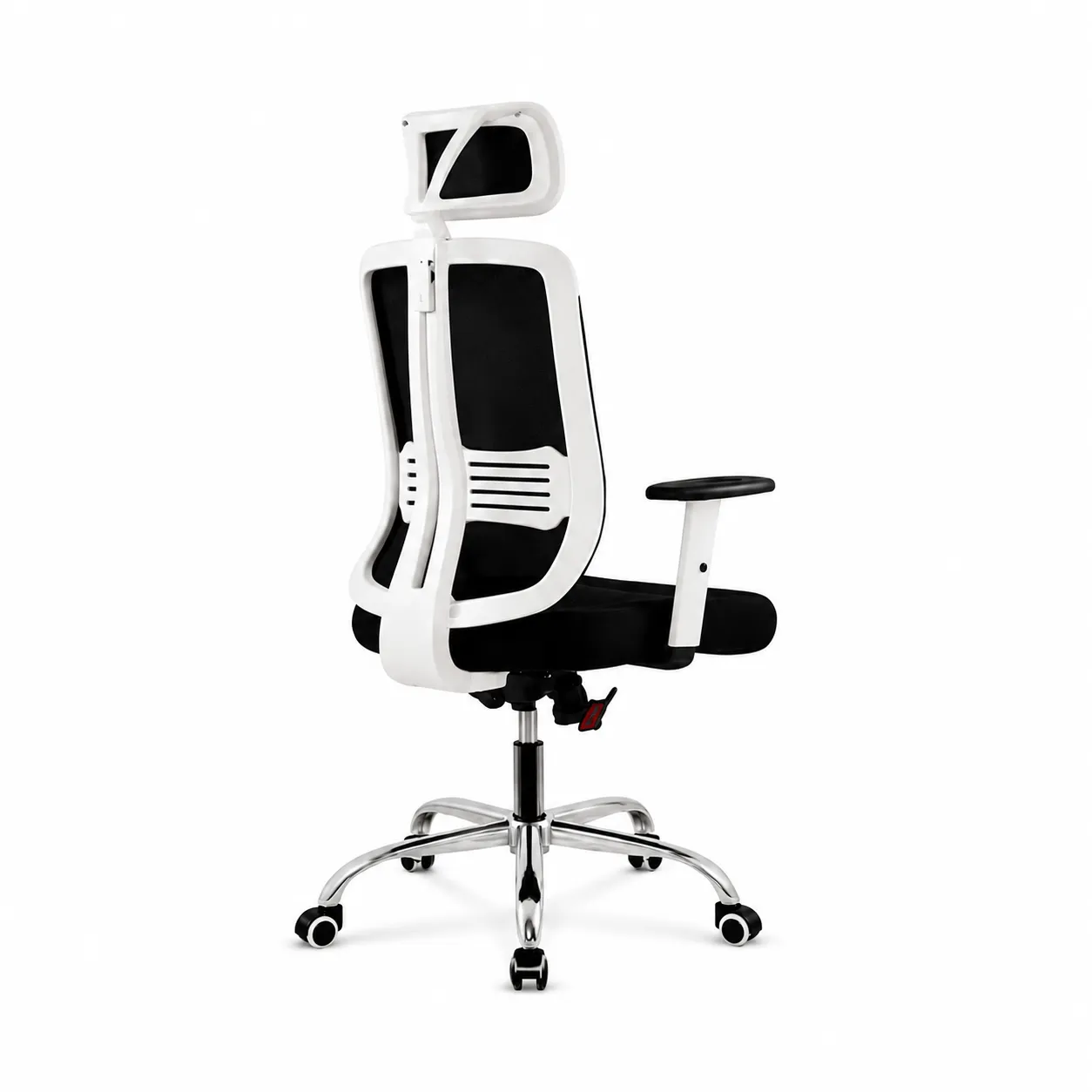 White Ergonomic Mesh Office Chair Rear View – Wood & Wood White mesh office chair with headrest rear three-quarter view