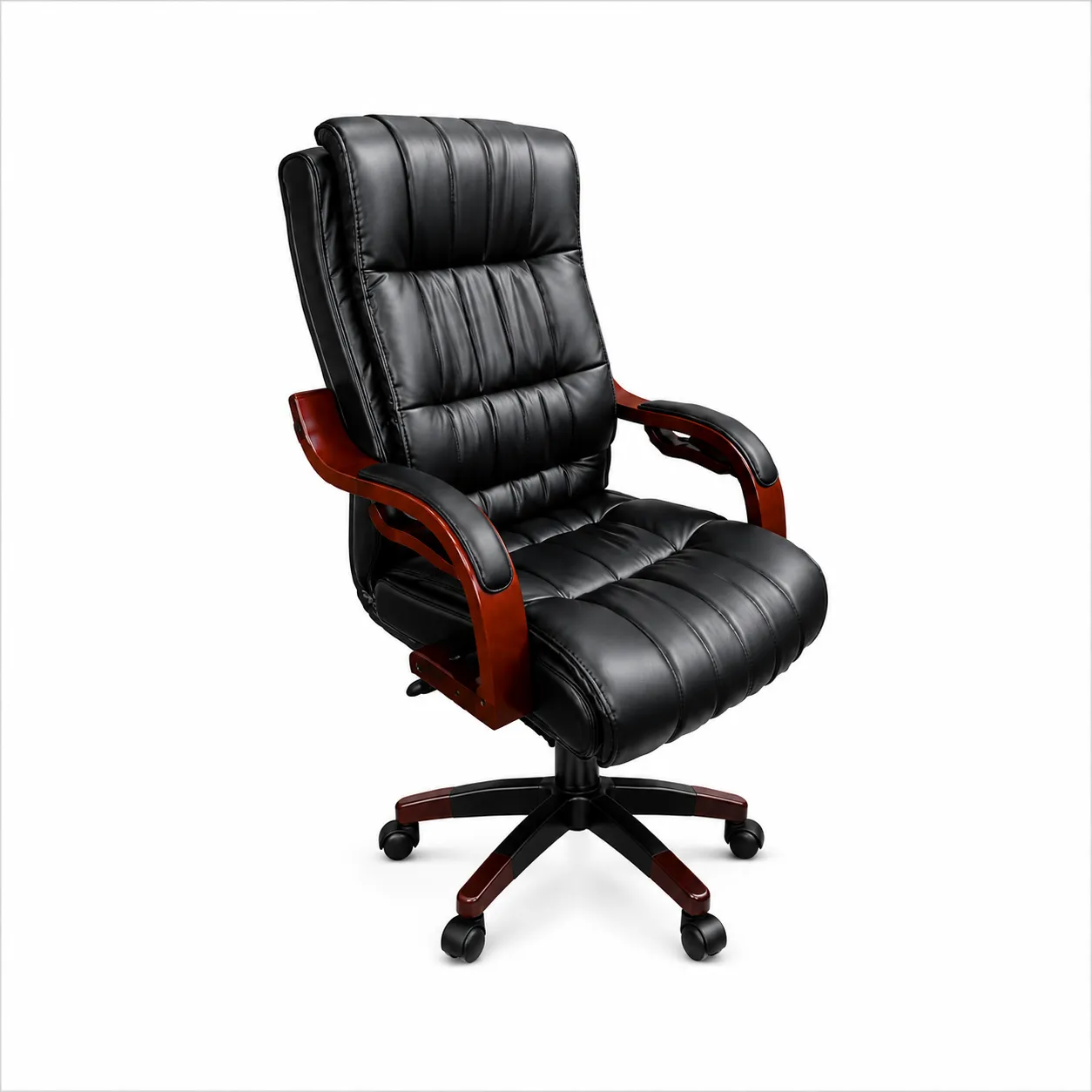 Premium Black Executive Office Chair – Wood & Wood Black executive office chair with padded high back and wooden-look armrests