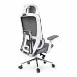 Rear view of white frame ergonomic mesh office chair showing lumbar support mechanism and chrome base
