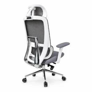 Rear view of white frame ergonomic mesh office chair showing lumbar support mechanism and chrome base