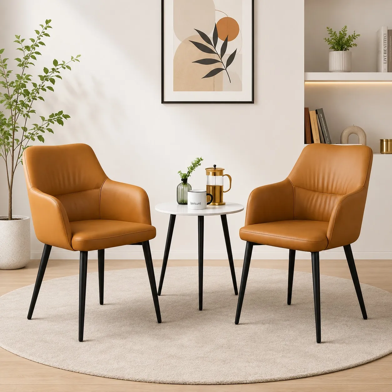 Premium Tan Leather Dining Chair – Wood & Wood Tan leather dining chairs with black metal legs in a modern living room