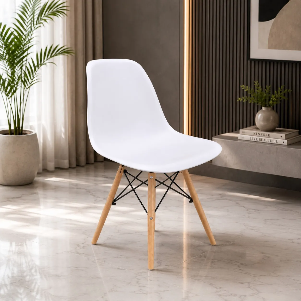 White Shell Chair with Wooden Legs | Wood & Wood White Shell Chair with Wooden Eiffel Legs