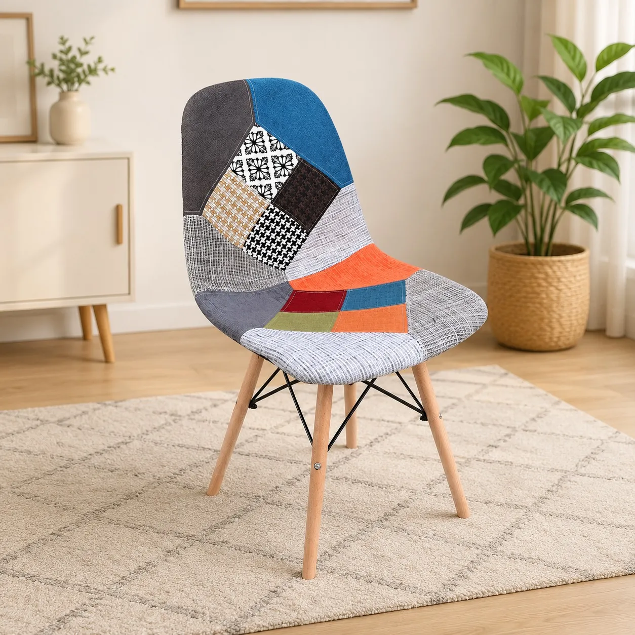 Patchwork Fabric Dining Chair with Wooden Legs | Wood & Wood Patchwork Fabric Dining Chair with colourful upholstery and wooden Eiffel legs