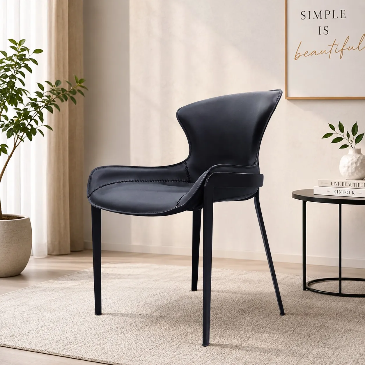 Black Wing Back Leather Dining Chair – Wood & Wood Black wing back leather dining chair with curved backrest and metal legs