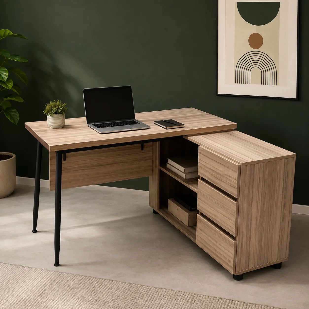 L Shaped Office Desk with Storage Drawers | Wood & Wood L Shaped Office Desk with storage drawers and powder-coated metal frame