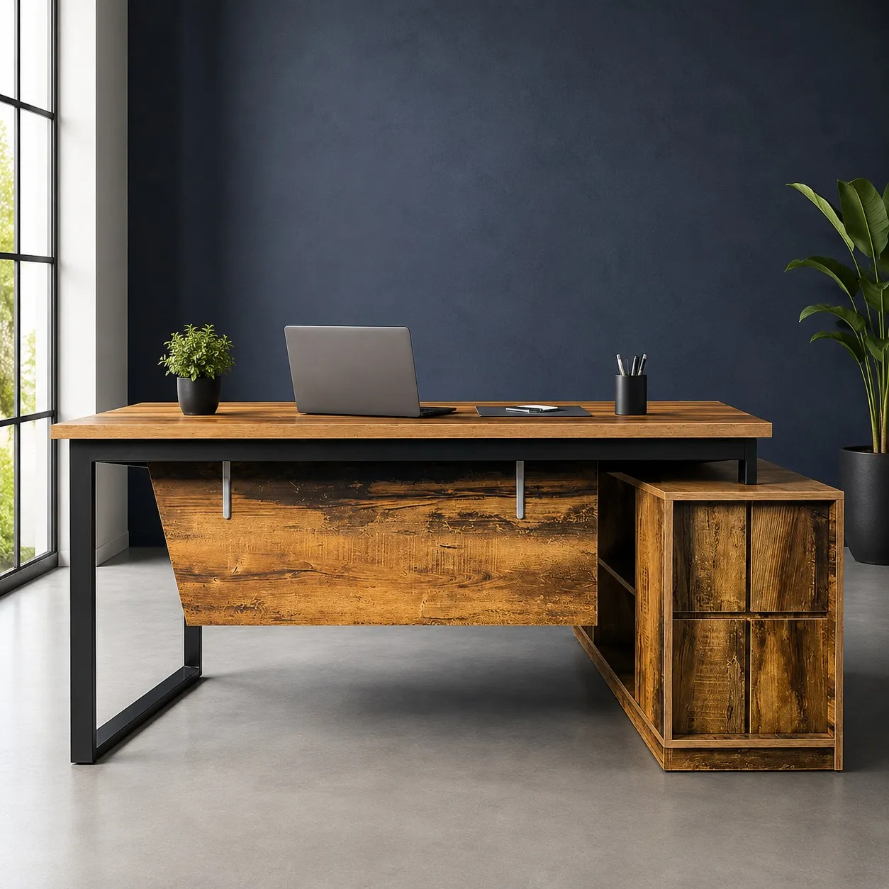IronEdge Executive Office Desk with Side Rack and powder-coated steel frame IronEdge Executive Office Desk with Side Rack – Wood & Wood