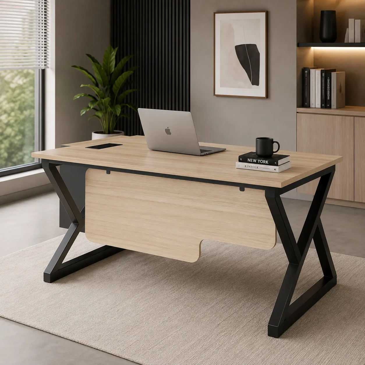 FusionEdge Office Desk with Side Rack – Wood & Wood FusionEdge Office Desk with Side Rack made from laminated sheet and powder-coated metal frame