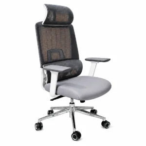 Front view of white frame ergonomic mesh office chair with adjustable headrest and padded seat